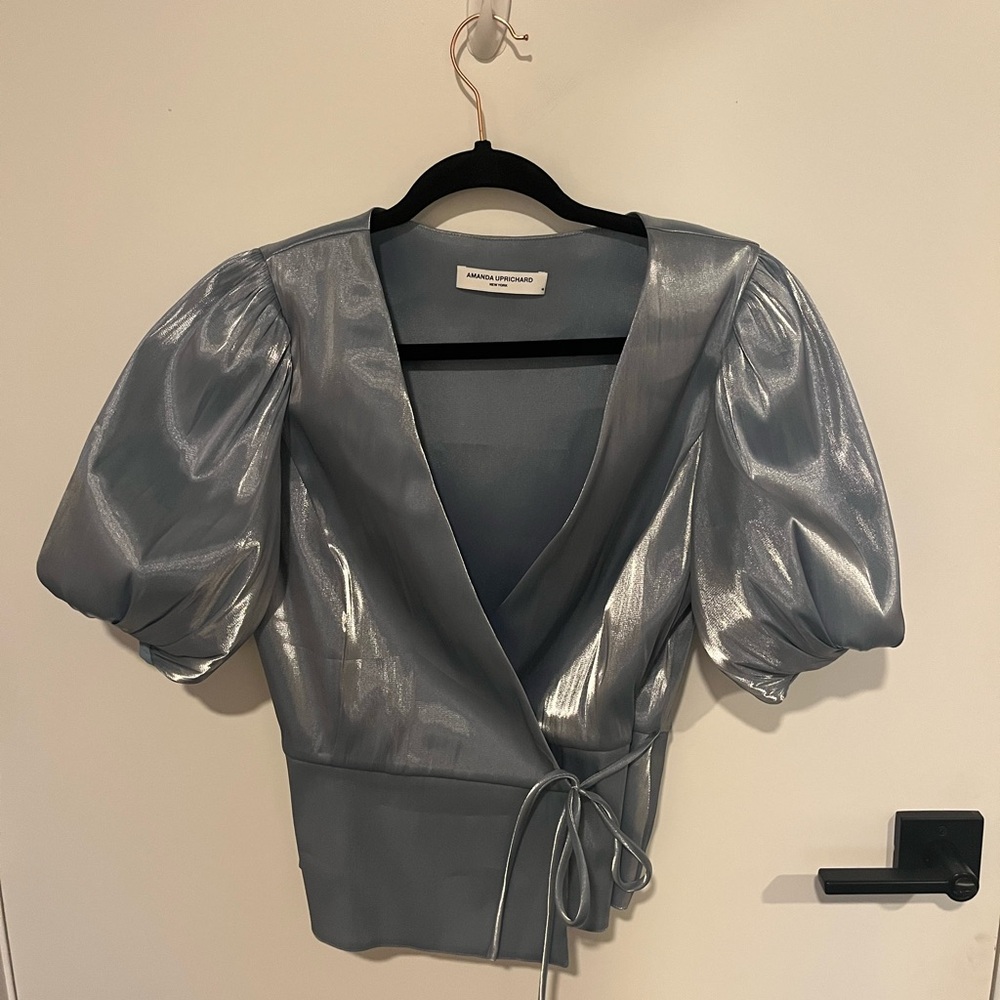Amanda Uprichard Blue/Silver Wrap Top